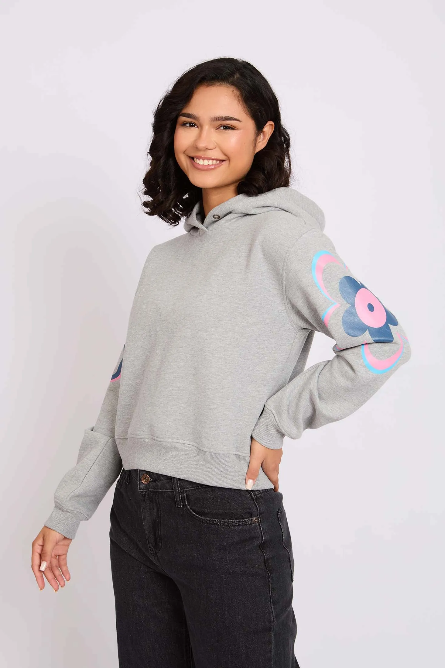 Women Sweat Shirt  Regular Fit Hoodie Printed Grey