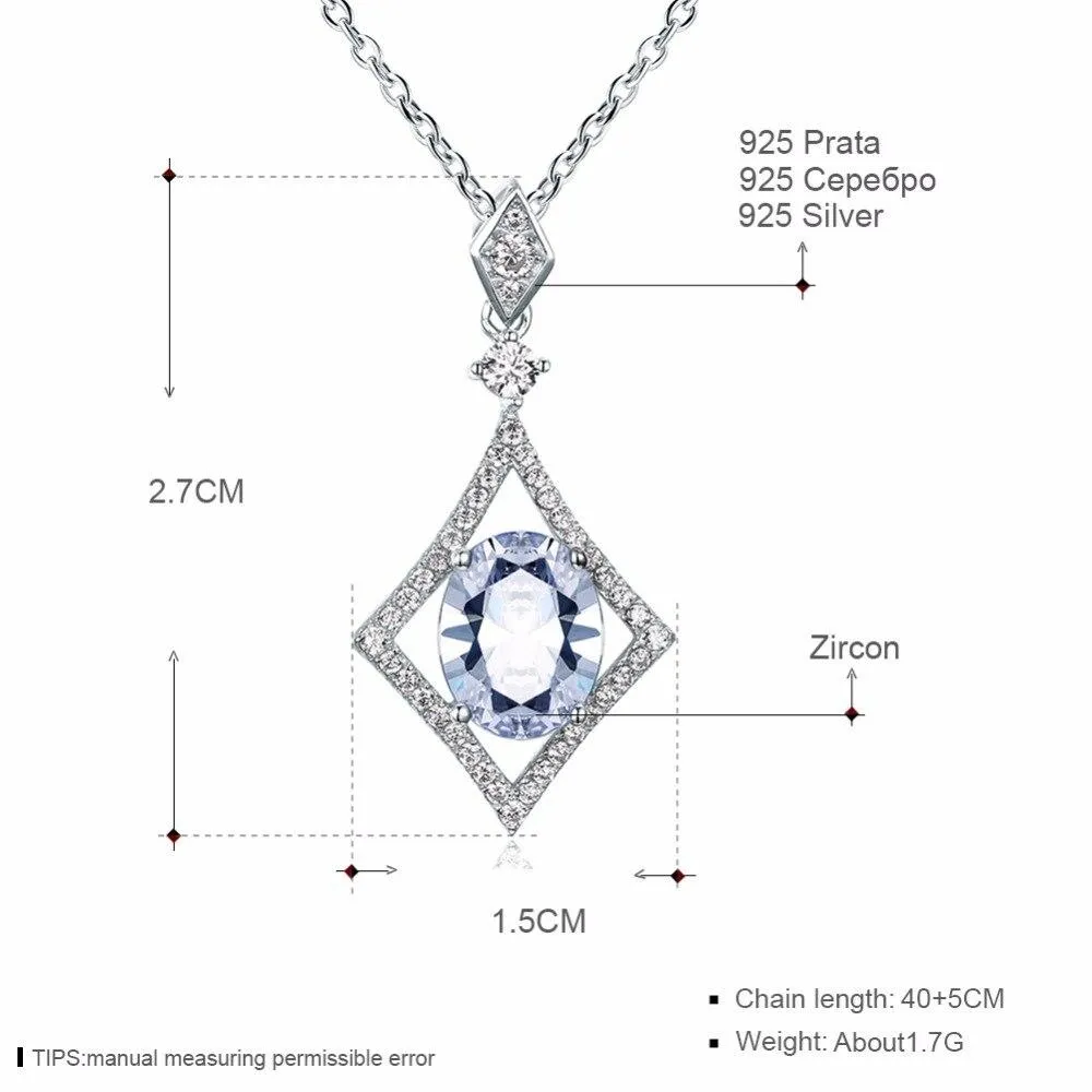 Women’s 925 Sterling Silver Rhombus Design Necklace, Fashion Jewelry for Party, Trendy Girl’s Pendant Necklace