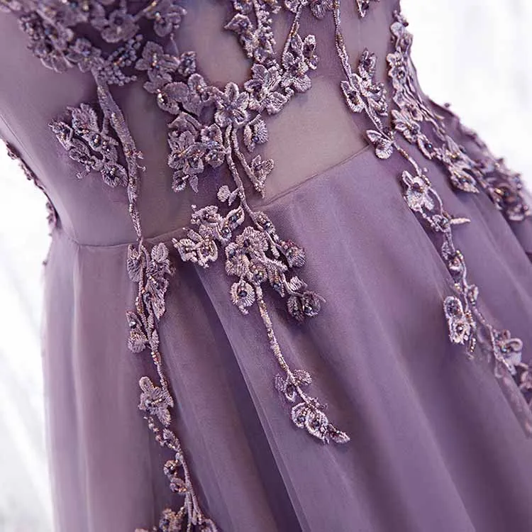 Women's Purple V-Neck Lace Appliques Tulle Evening Dress