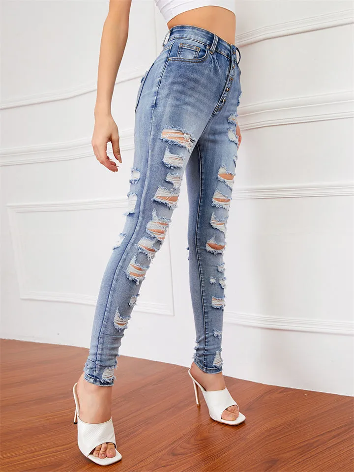 Women's Street Style Fashion Slim Fit Solid Color Ripped Denim Jeans