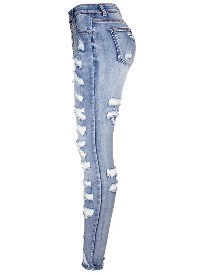 Women's Street Style Fashion Slim Fit Solid Color Ripped Denim Jeans