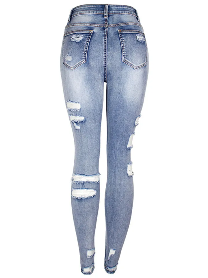 Women's Street Style Fashion Slim Fit Solid Color Ripped Denim Jeans