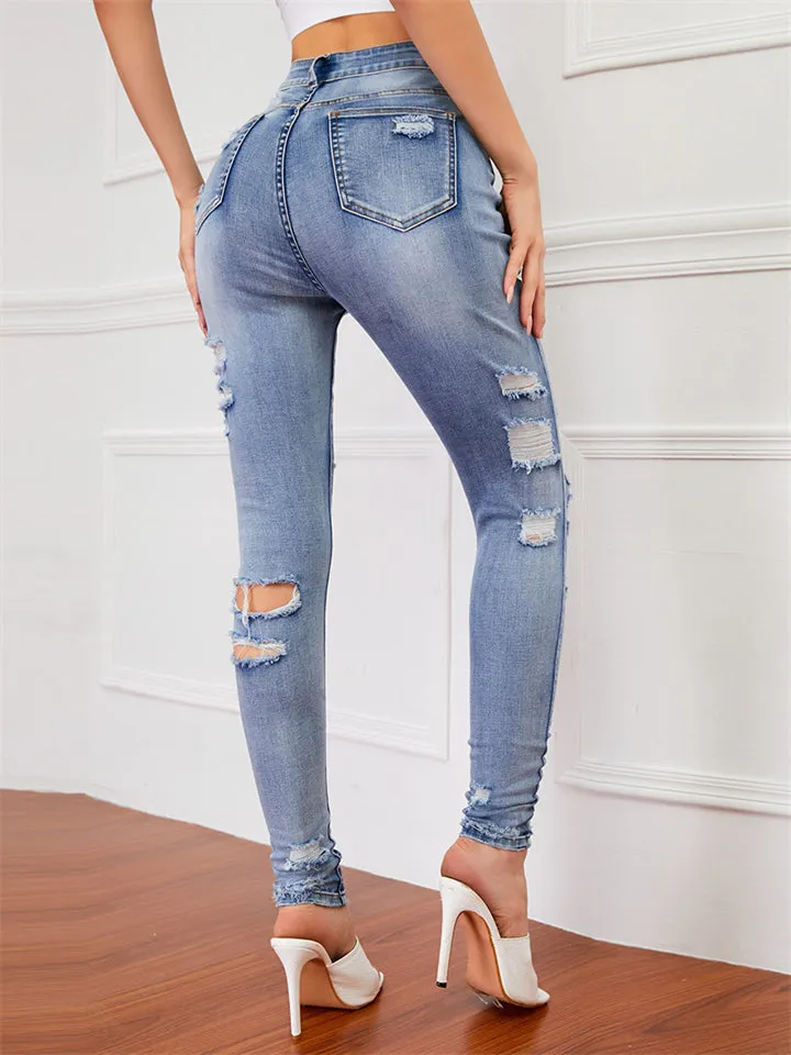 Women's Street Style Fashion Slim Fit Solid Color Ripped Denim Jeans