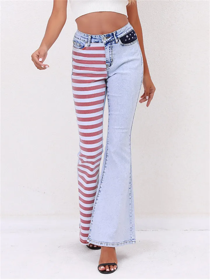 Women's Super Cool Street Style Contrast Color Red Stripe Bell Bottom Denim Jeans