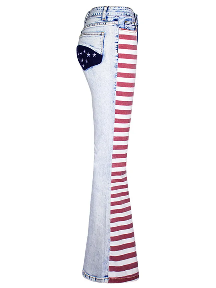 Women's Super Cool Street Style Contrast Color Red Stripe Bell Bottom Denim Jeans