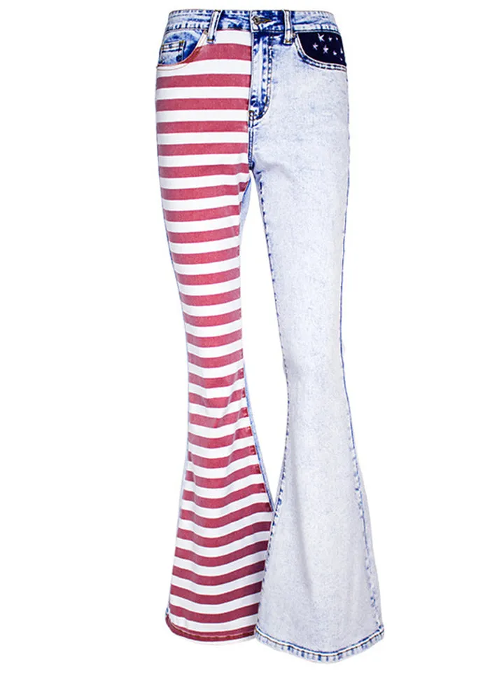 Women's Super Cool Street Style Contrast Color Red Stripe Bell Bottom Denim Jeans