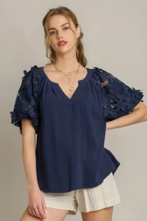 Won't Deny It Linen Boxy Cut Top with 3D Floral Sleeve in Navy - Misses and Curvy