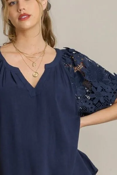 Won't Deny It Linen Boxy Cut Top with 3D Floral Sleeve in Navy - Misses and Curvy