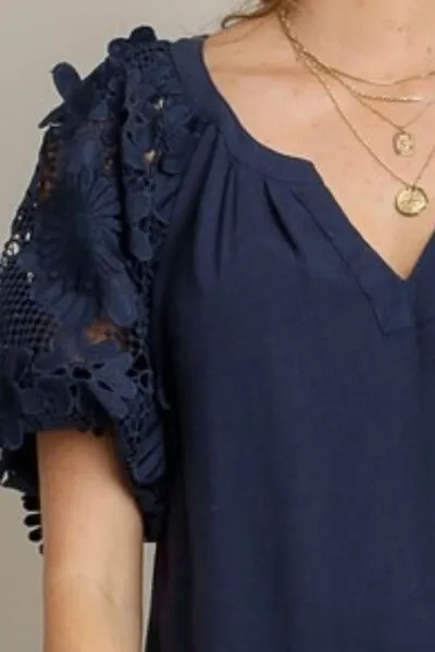 Won't Deny It Linen Boxy Cut Top with 3D Floral Sleeve in Navy - Misses and Curvy