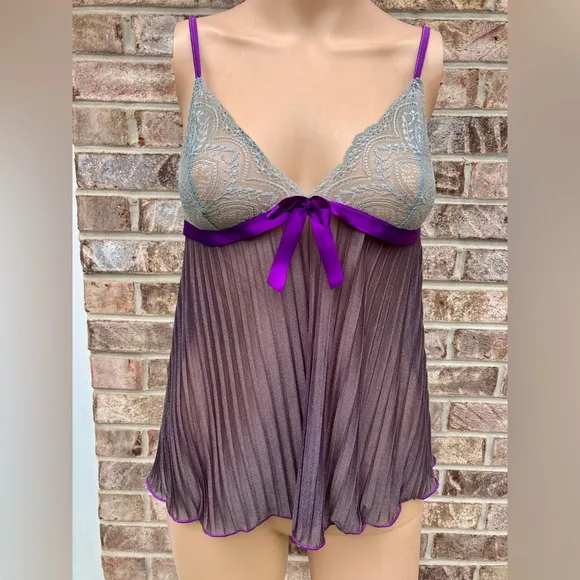 Y2K Escante Goth Grey Lace &amp; Shimmery Purple Rippled Lingerie Top