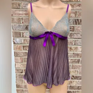 Y2K Escante Goth Grey Lace &amp; Shimmery Purple Rippled Lingerie Top
