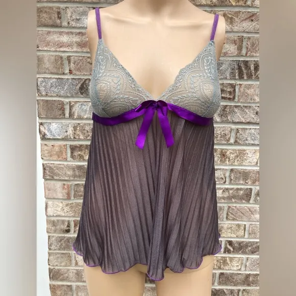 Y2K Escante Goth Grey Lace &amp; Shimmery Purple Rippled Lingerie Top
